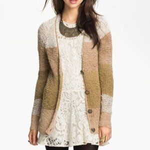 Free People Lake Tahoe Size Large Beige Colorblock Button Front Long Cardigan